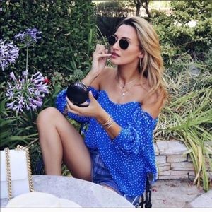 zara off shoulder top blue polka dot